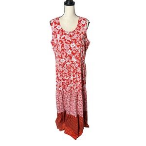 Lands' End Womens XL Red Floral Tiered Sleeveless Maxi Dress Cotton Modal Blend